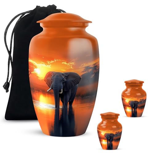 YATHABHISA Mini Urns Human Ashes with Elephant, Keepsake Small Urn for Cremation Ash Container, Memorial Gift for Everyone, Combo, Orange, 3 Inch (Set of 2)
