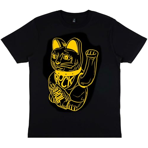 DB DEADBEAT Lucky Cat Rock and Roll Motif Screen Printed Eco-Friendly Unisex Black T-Shirt for Men, Women and Teens