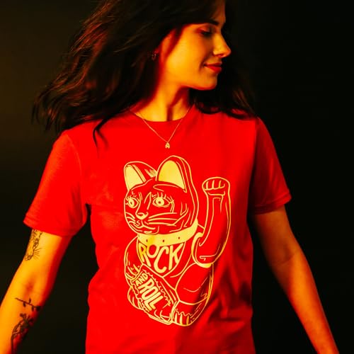 DB DEADBEAT Lucky Cat Rock and Roll Motif Screen Printed Eco-Friendly Unisex Red T-Shirt for Men, Women and Teens