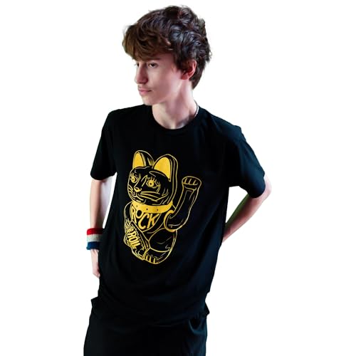 DB DEADBEAT Lucky Cat Rock and Roll Motif Screen Printed Eco-Friendly Unisex Black T-Shirt for Men, Women and Teens