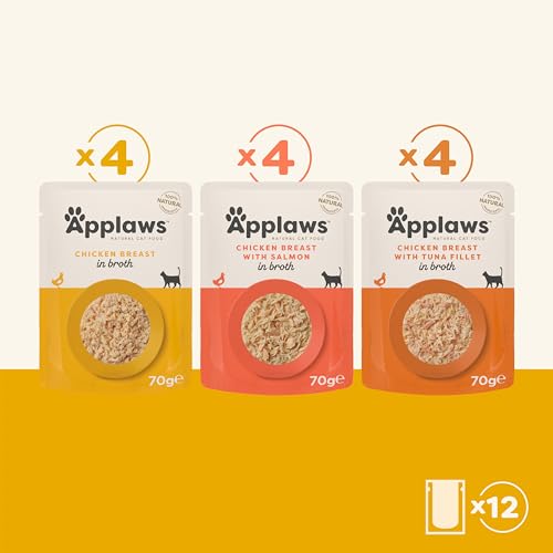 Applaws 100% Natural Wet Cat Food, Pouch Multipack Chicken Selection in Broth, 70 g (12 x 70 g Pouches)
