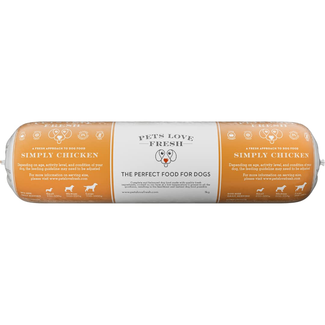 Healthy & Tasty Fresh Dog Food by Pets Love Fresh - 100% Natural - Real British Meat - Zero Preservatives - SimHealthy & Tasty Fresh Dog Food by Pets Love Fresh - 100% Natural - Real British Meat - Zero Preservatives - Simply Chicken (5 x 600g chub rolls)