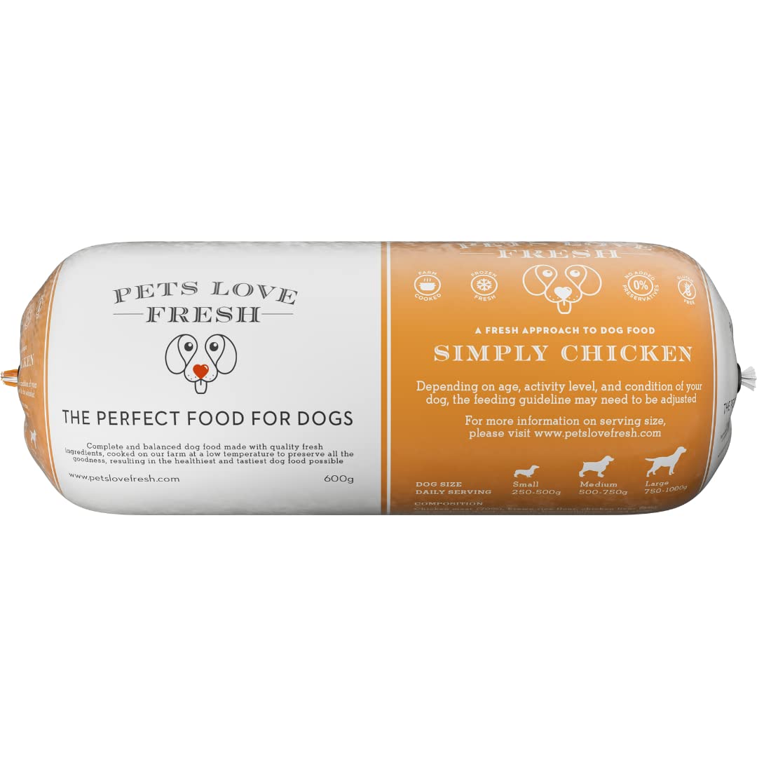 Healthy & Tasty Fresh Dog Food by Pets Love Fresh - 100% Natural - Real British Meat - Zero Preservatives - SimHealthy & Tasty Fresh Dog Food by Pets Love Fresh - 100% Natural - Real British Meat - Zero Preservatives - Simply Chicken (5 x 600g chub rolls)