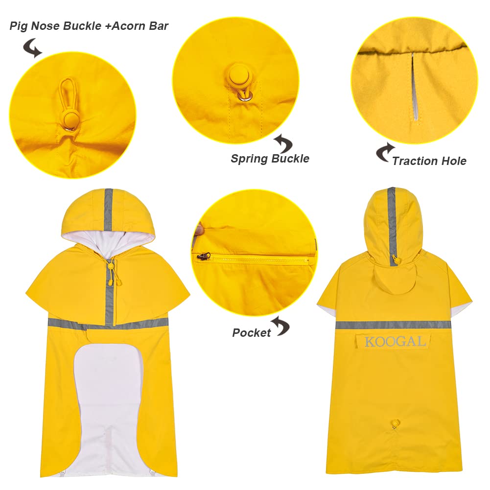 KOOGAL Waterproof Dog Raincoat with Hood Reflective Design with Leash Hole, Adjustable Reflective Jacket,Rain Poncho, Breathable and Lightweight, Suitable for Rainy Day Walking