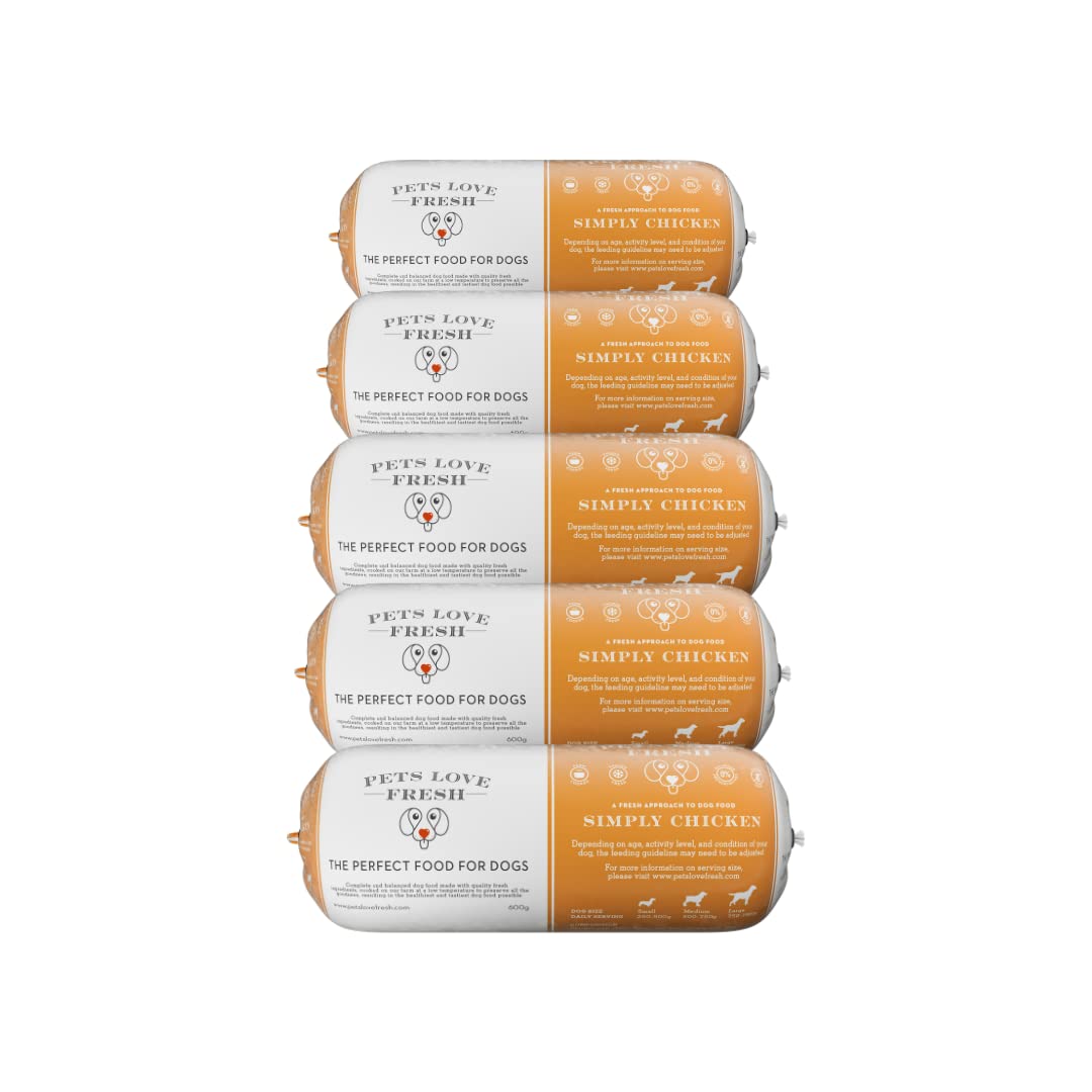 Healthy & Tasty Fresh Dog Food by Pets Love Fresh - 100% Natural - Real British Meat - Zero Preservatives - SimHealthy & Tasty Fresh Dog Food by Pets Love Fresh - 100% Natural - Real British Meat - Zero Preservatives - Simply Chicken (5 x 600g chub rolls)