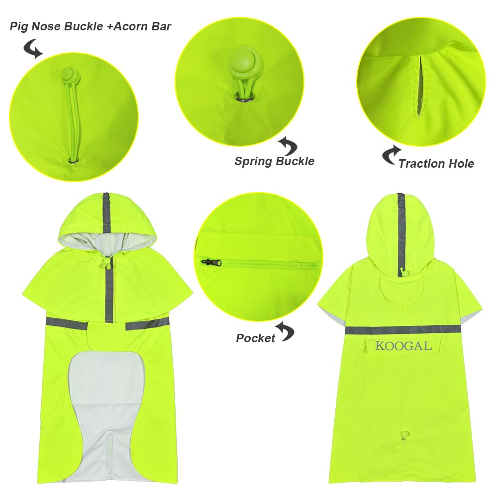 KOOGAL Waterproof Dog Raincoat with Hood Reflective Design with Leash Hole, Adjustable Reflective Jacket,Rain Poncho, Breathable and Lightweight, Suitable for Rainy Day Walking