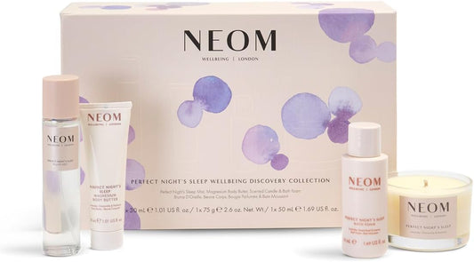 NEOM Perfect Night's Sleep Wellbeing Discovery Collection 30ml | Perfect Night's Sleep Pillow Mist, Magnesium Body Butter, Bath Foam & Travel Candle I Gift  No