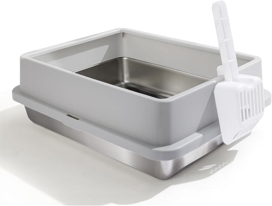 FURRYPAWS XL Stainless Steel Cat Litter Tray, Easy to Clean and Leak-Proof Stainless Steel Litter Box, 20L Large Cat Litter Trays with Litter Scoop (61x41x30cm)