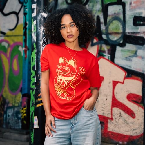 DB DEADBEAT Lucky Cat Rock and Roll Motif Screen Printed Eco-Friendly Unisex Red T-Shirt for Men, Women and Teens