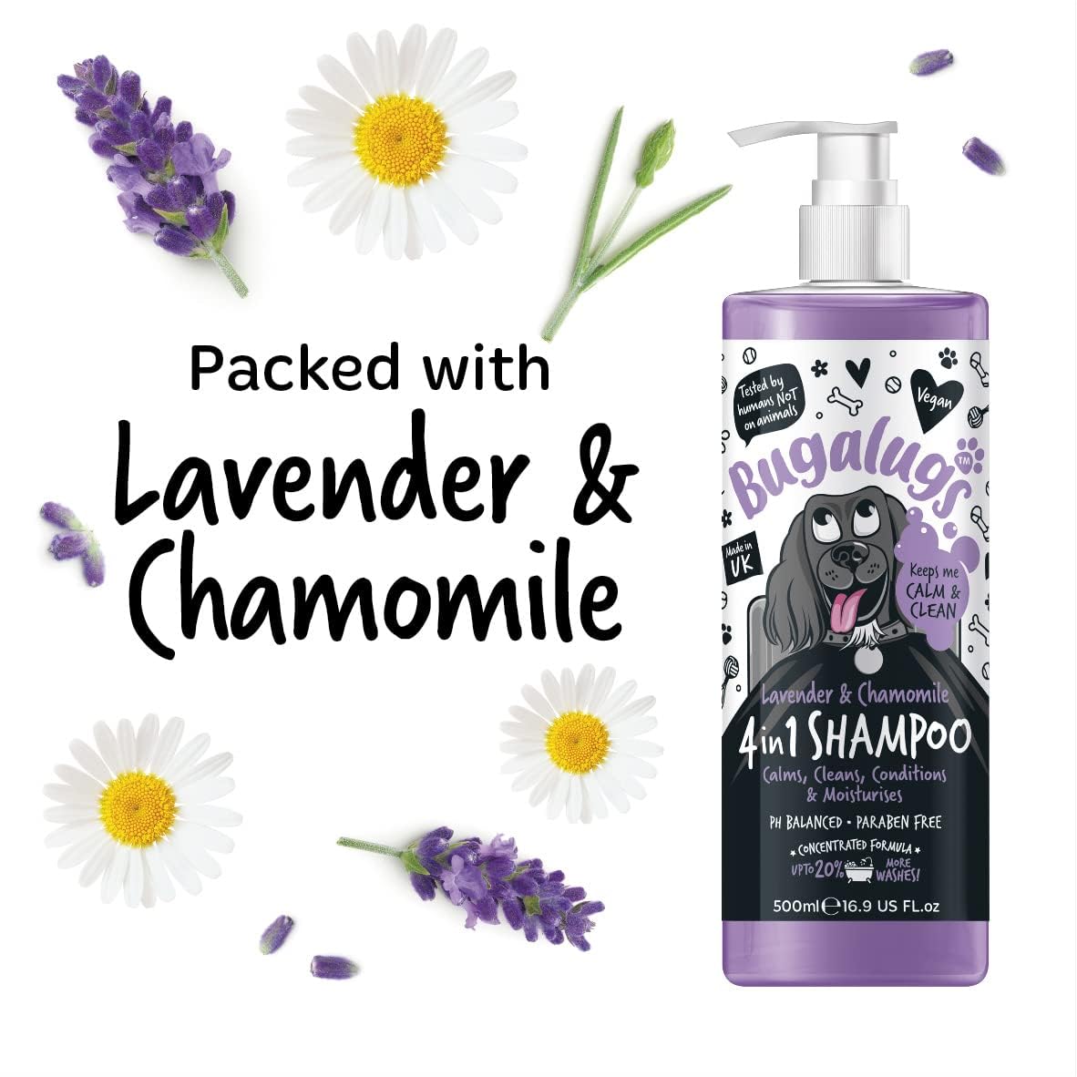 Bugalugs Lavender & Chamomile 4-in-1 Dog Shampoo and Conditioner - Professional Pet Grooming for Smelly Puppies - Vegan Formula (625ml)