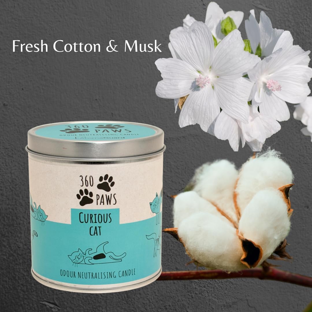 360 Paws Odour Neutralising Frangranced Pet Candle Fresh Fresh Cotton & Musk - Curious Cat Scented Candle