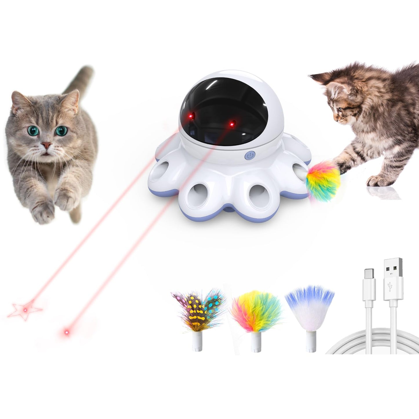 GoldenSun Cat Toy, 2-in-1 Interactive Cat Toys for Indoor Cats, Automatic Cat Toy, 8 Holes Mice Whack A Mole Moving Feather, USB Rechargeable Electronic Kitten Toys for All Breeds Black