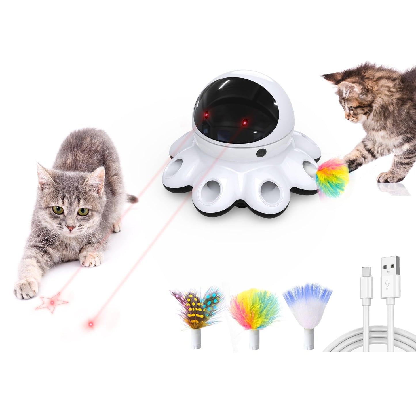 GoldenSun Cat Toy, 2-in-1 Interactive Cat Toys for Indoor Cats, Automatic Cat Toy, 8 Holes Mice Whack A Mole Moving Feather, USB Rechargeable Electronic Kitten Toys for All Breeds Black