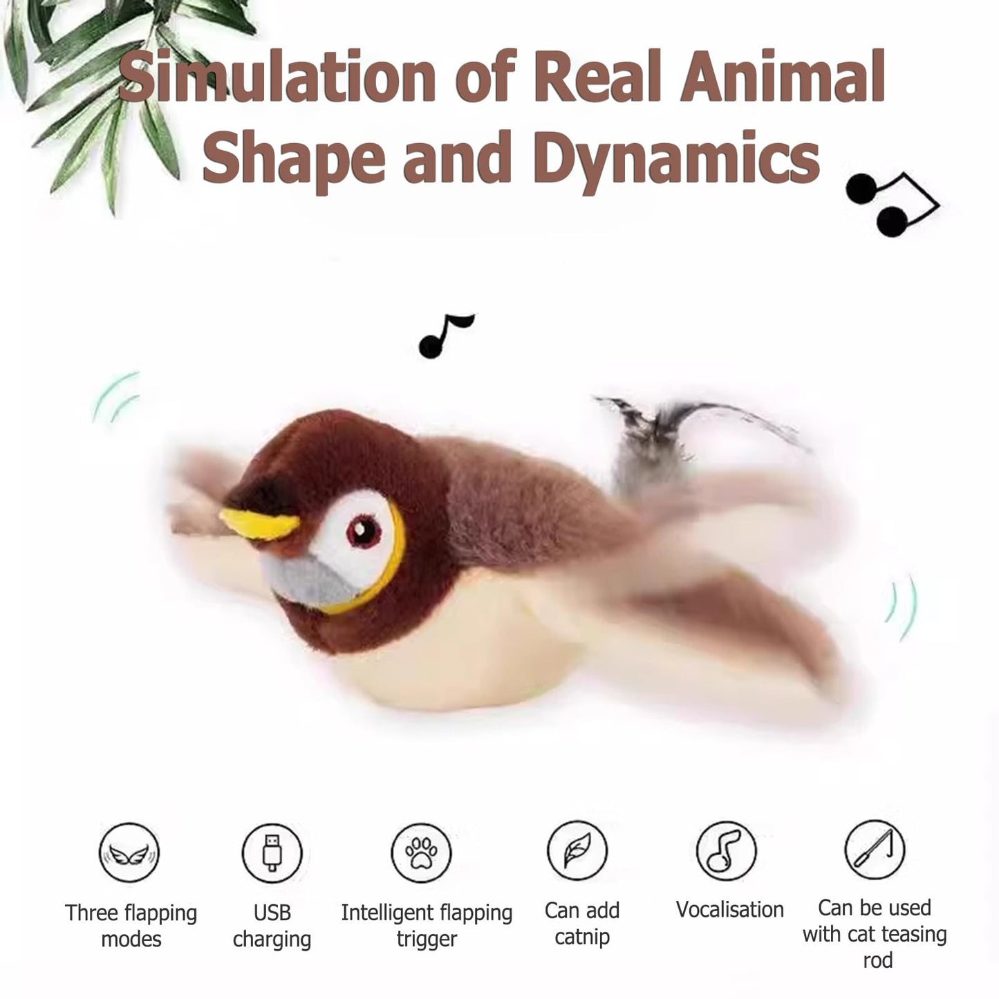 Cat Toys, Interactive Chirping Bird Cat Toy Flapping Wings, Simulated Electric Flying Bird Cat Toy, Touch Activated, Rechargeable Flying Bird Cat Toy for Indoor Cats (Sparrow)