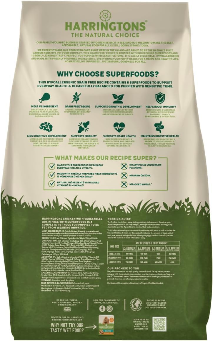Harringtons Superfoods Puppy Complete Grain Free Hypoallergenic Chicken with Veg Dry Dog Food 10kg - Made with All Natural Ingredients, Packaging may vary