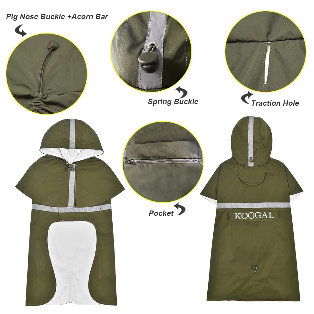 KOOGAL Waterproof Dog Raincoat with Hood Reflective Design with Leash Hole, Adjustable Reflective Jacket,Rain Poncho, Breathable and Lightweight, Suitable for Rainy Day Walking