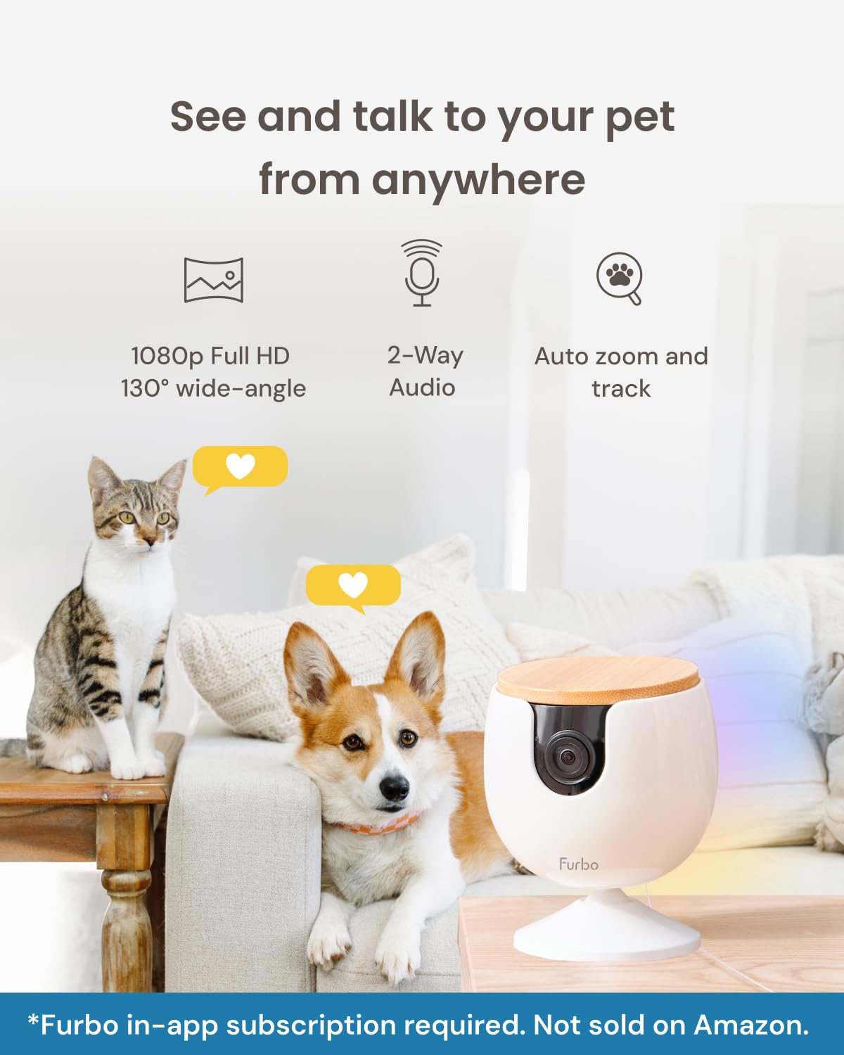 Furbo 360° Pet Camera w/Home Safety Package [PREMIUM W/SUBSCRPITION] Smart Pet Monitor w/App for Pet & Home, Rotating 360° View, Colour Night Vision, Auto-Tracking, Treat-toss, Barking, Smart Alert