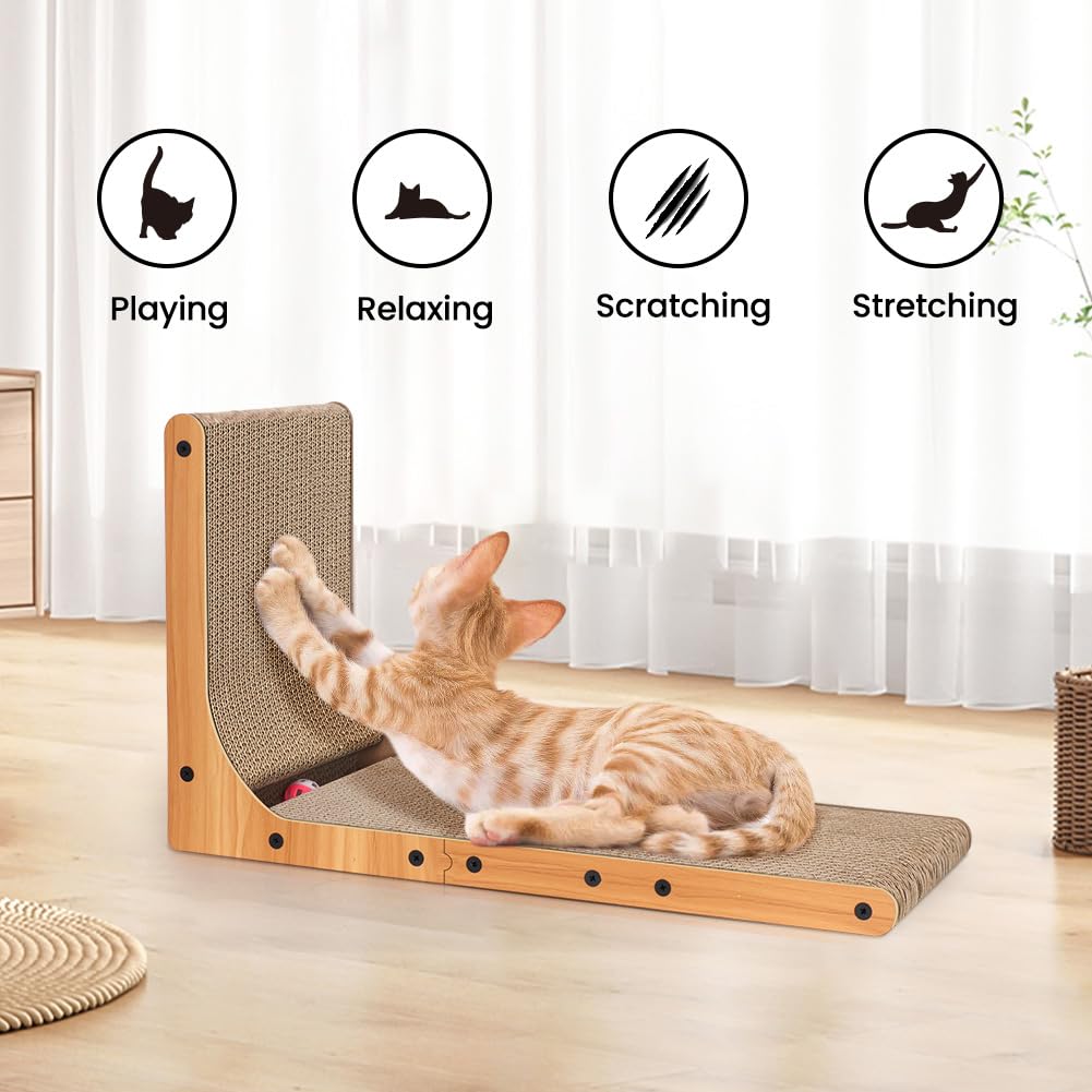 Petslucent Cat Scratcher, 26.8 Inch L Shape Cat Scratching Board with Box, Cat Scratching Cardboard with Ball Toy for Indoor Cats, Large Size
