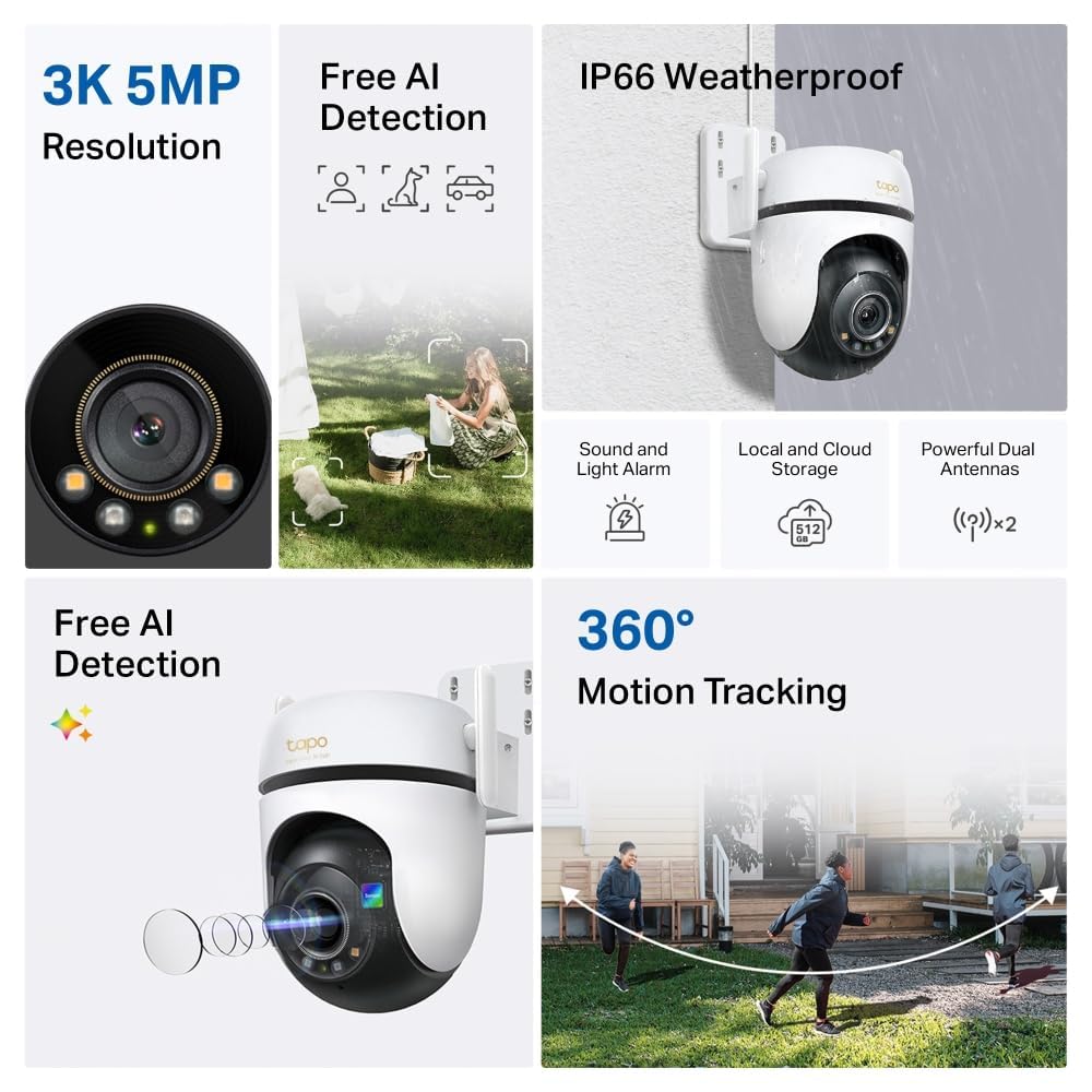 Tapo TC40 Pan/Tilt Smart Security Outdoor Camera, Full HD, 360° Smart Person Detection Motion Tracking, Color Night Vision, WiFi Camera No Monthly Fee, Two-Way Talk, IP65, Works with Alexa & Google