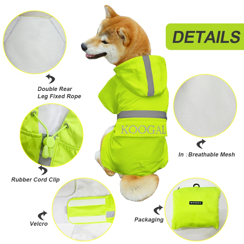 KOOGAL Waterproof Dog Raincoat with Hood Reflective Design with Leash Hole, Adjustable Reflective Jacket,Rain Poncho, Breathable and Lightweight, Suitable for Rainy Day Walking