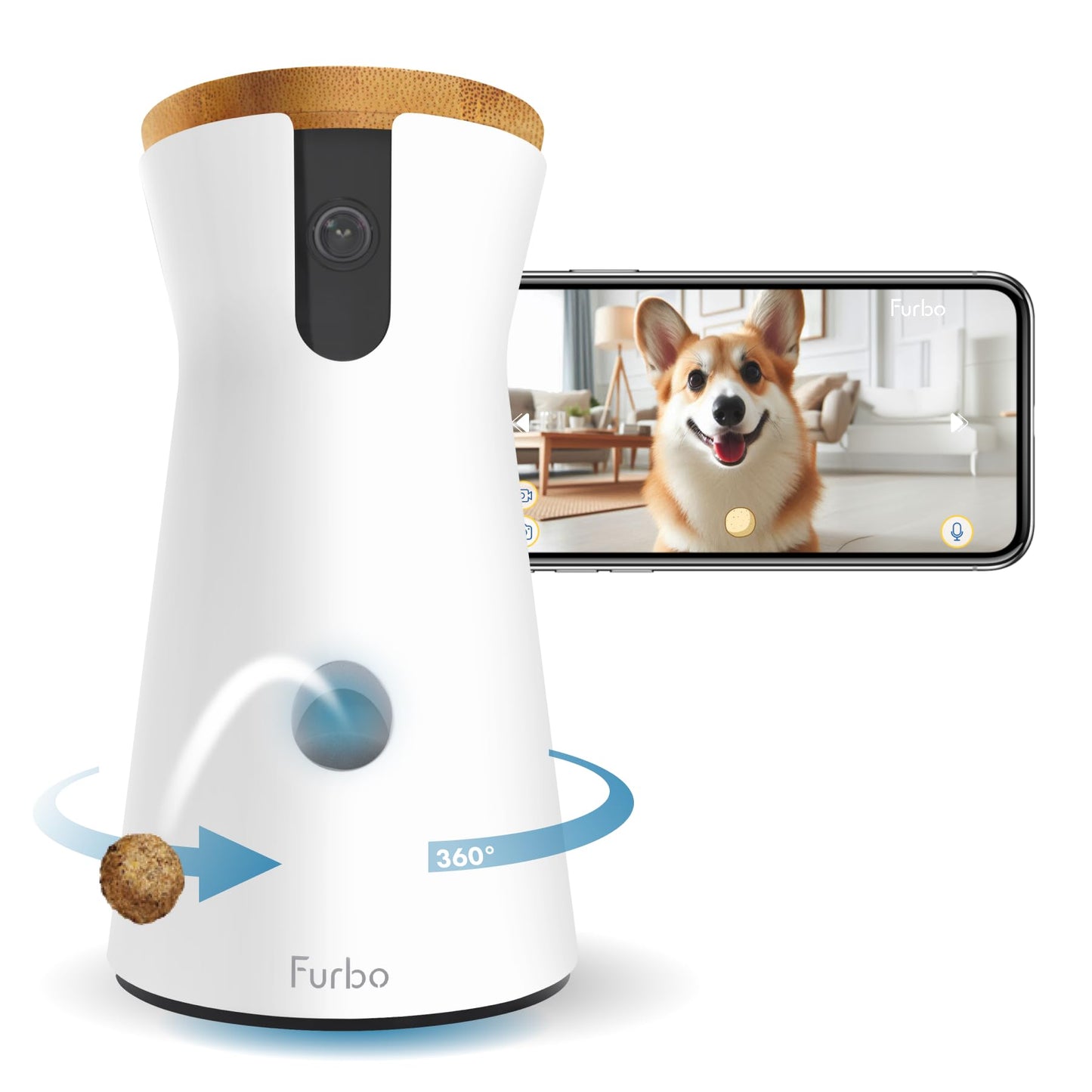 Furbo 360° Dog Camera w/Home Safety Package [PREMIUM W/SUBSCRPITION] Smart Pet Monitor w/App for Dog & Home, Rotating 360° View, Colour Night Vision, Auto-Tracking, Treat-toss, Barking, Smart Alert