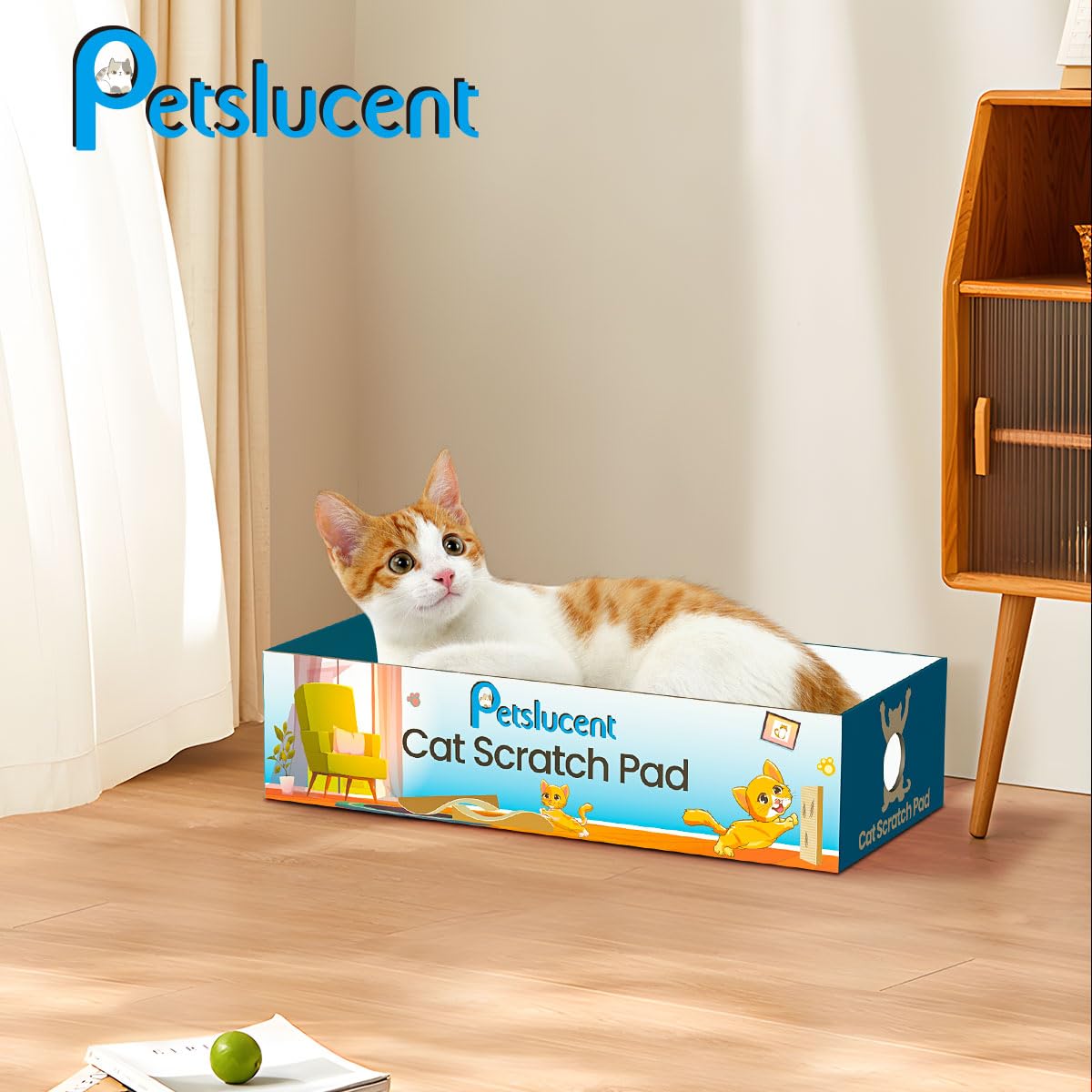 Petslucent Cat Scratcher, 26.8 Inch L Shape Cat Scratching Board with Box, Cat Scratching Cardboard with Ball Toy for Indoor Cats, Large Size