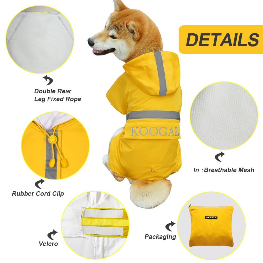 KOOGAL Waterproof Dog Raincoat with Hood Reflective Design with Leash Hole, Adjustable Reflective Jacket,Rain Poncho, Breathable and Lightweight, Suitable for Rainy Day Walking