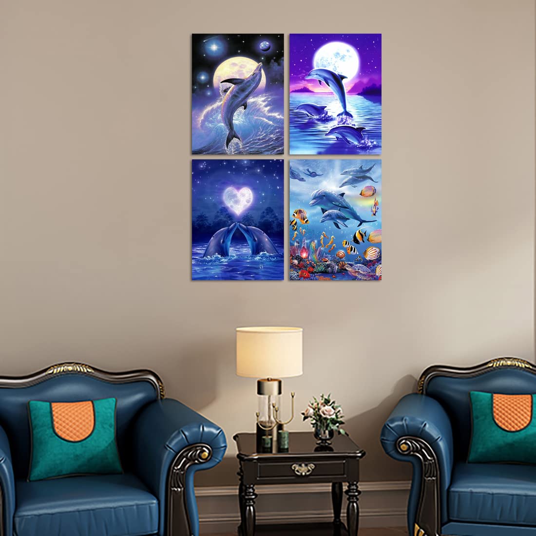 Muzagroo Art 5D Diamond Painting Kits for Adults, DIY Diamond Art Kits for Beginners, Turtle Diamond Dot Kits Gem Arts and Crafts for Living Room, Gem Painting Bedroom 4 PCS Wall Art