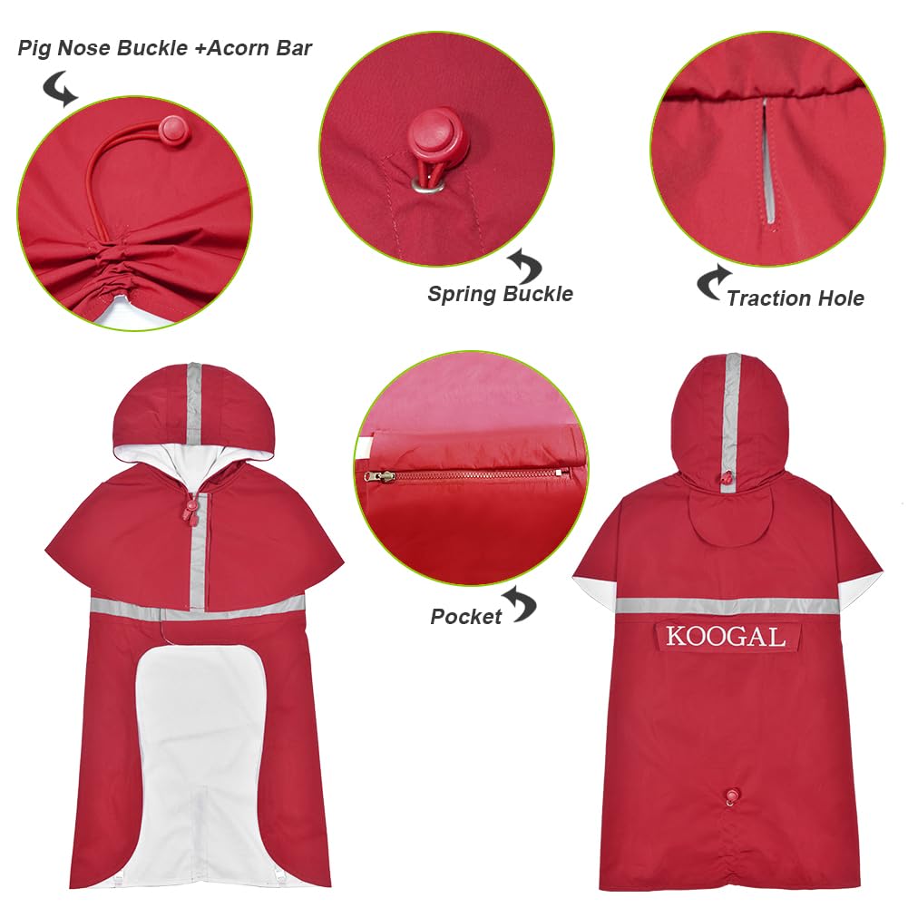 KOOGAL Waterproof Dog Raincoat with Hood Reflective Design with Leash Hole, Adjustable Reflective Jacket,Rain Poncho, Breathable and Lightweight, Suitable for Rainy Day Walking