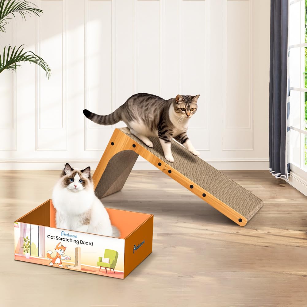 Petslucent Cat Scratcher, 26.8 Inch L Shape Cat Scratching Board with Box, Cat Scratching Cardboard with Ball Toy for Indoor Cats, Large Size