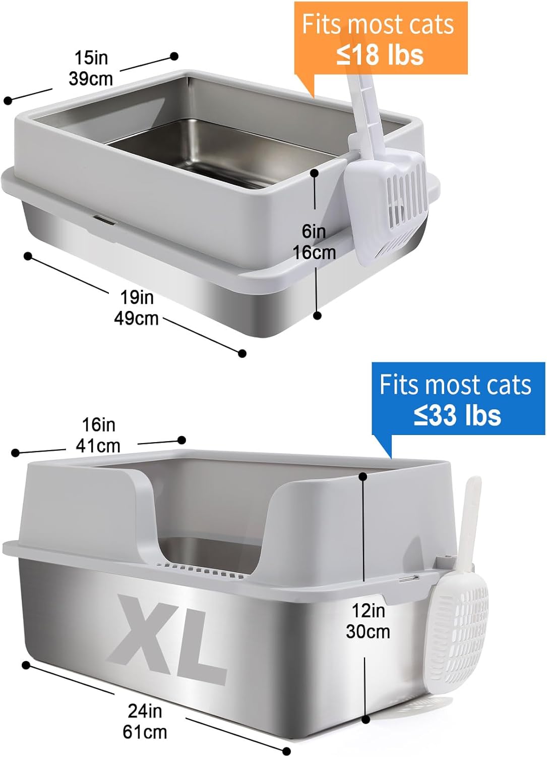 FURRYPAWS XL Stainless Steel Cat Litter Tray, Easy to Clean and Leak-Proof Stainless Steel Litter Box, 20L Large Cat Litter Trays with Litter Scoop (61x41x30cm)