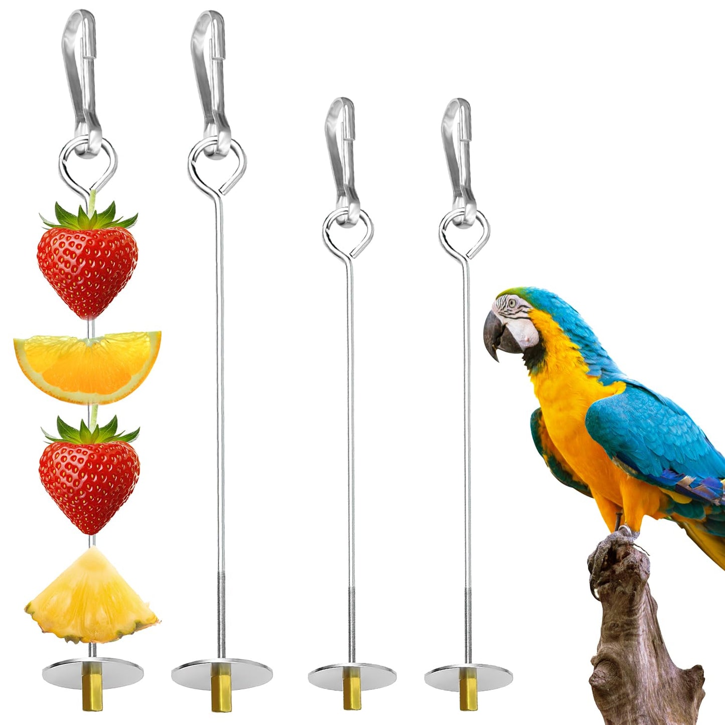 UTXN Parrot Fruit Skewers & Bird Parrot Apple Feeder - 2 PCS Stainless Steel Bird Fruit Skewers, Parrot Treats Food Holder Toy for Budgie, Cockatiel, Parakeet (Silver)