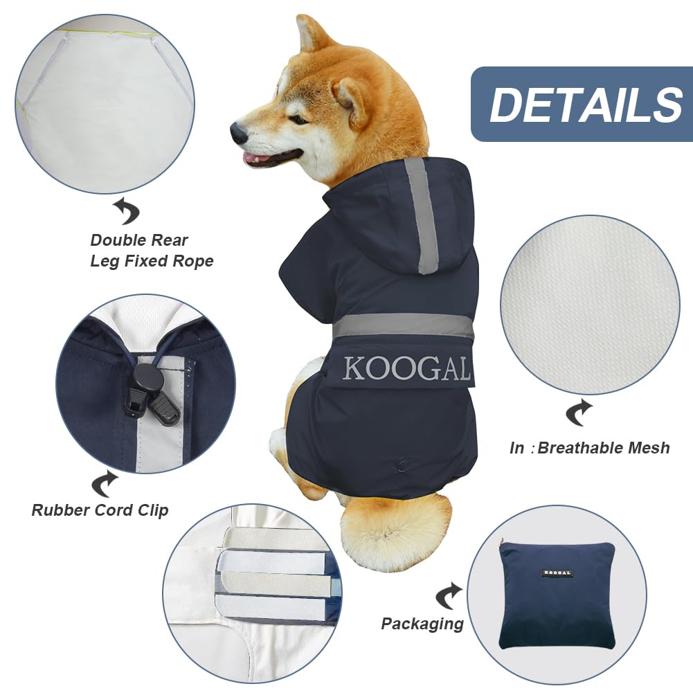 KOOGAL Waterproof Dog Raincoat with Hood Reflective Design with Leash Hole, Adjustable Reflective Jacket,Rain Poncho, Breathable and Lightweight, Suitable for Rainy Day Walking