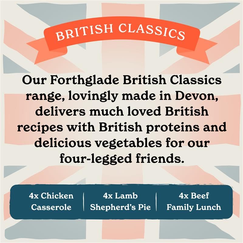 Forthglade British Classics Wet Dog Food Variety Pack (12 x 395g Trays) - Grain Free & Hypoallergenic Dog Food, Adult 1 Year+, Chicken, Lamb and Beef with Vegetables, Stomach Sensitive Meals
