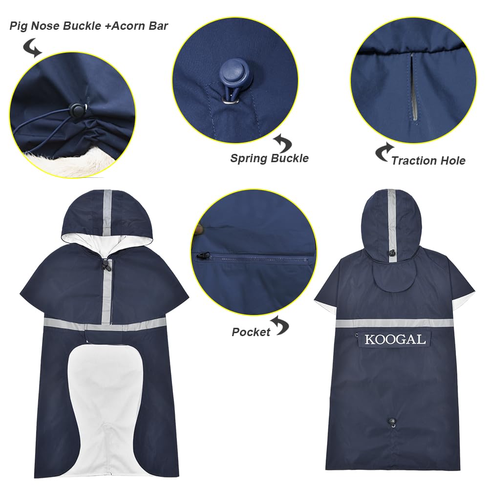 KOOGAL Waterproof Dog Raincoat with Hood Reflective Design with Leash Hole, Adjustable Reflective Jacket,Rain Poncho, Breathable and Lightweight, Suitable for Rainy Day Walking