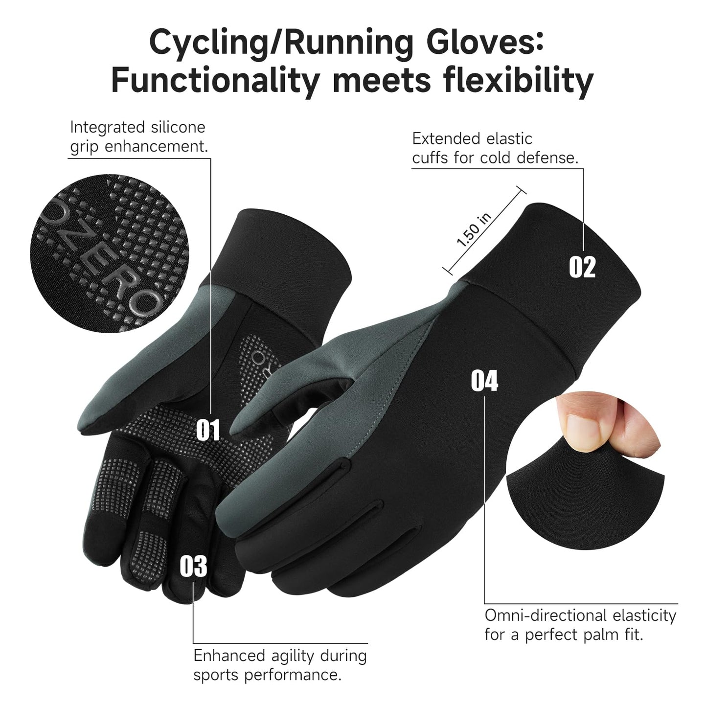 OZERO Thermal Gloves Touch Screen, Water Resistant Windproof Winter Gloves for Running Cycling Driving Hiking Biking Riding Outdoor for Men Women