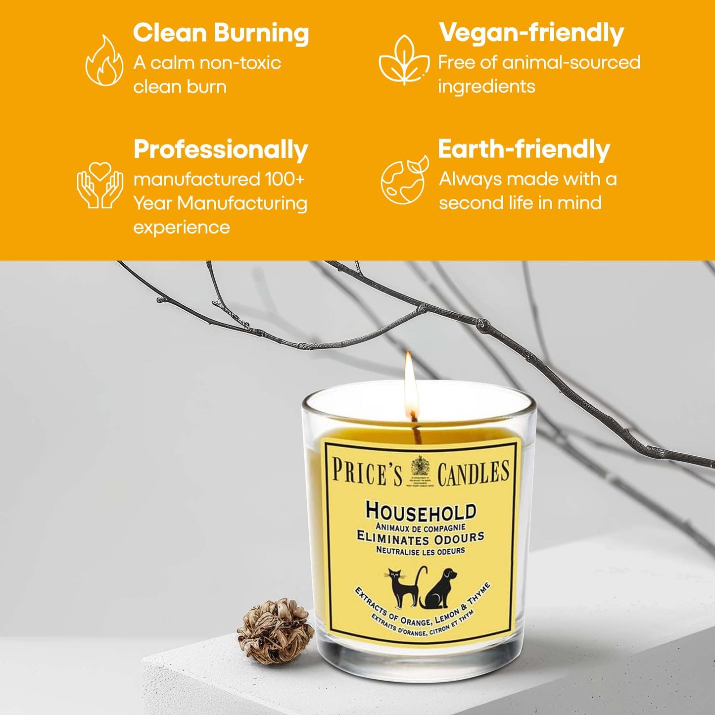 Price's - Household Pet Jar Candle - Odour Eliminating Candle - Made With Orange, Lemon & Thyme Extracts - Clean, Fresh, Quality Fragrance - Long Lasting Scent