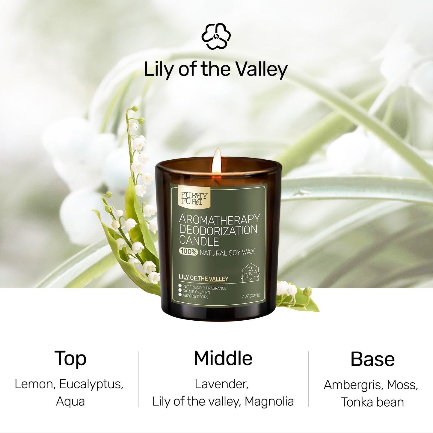 Furry Purr Pet Odor Eliminator Candle, Natural Soy Wax Candles with Catnip Essential Oil, Pet-Friendly Candles for Home Scented, Pet Lover Gifts, 60-Hour Burn Time, Lily of The Valley Fragrance, 7 oz
