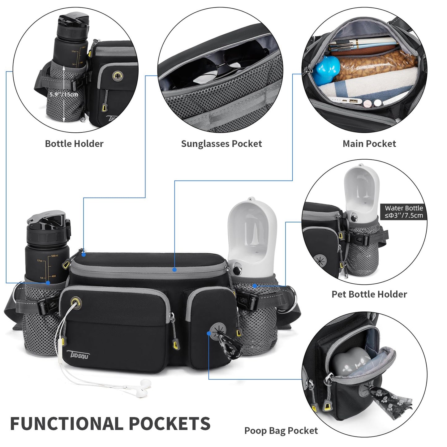 TUDEQU 4-IN-1 Hands Free Dog Leash Waist Belt with Dog Walking Fanny Pack,Seat Belt, Waist Leash for Large Dogs,Hiking