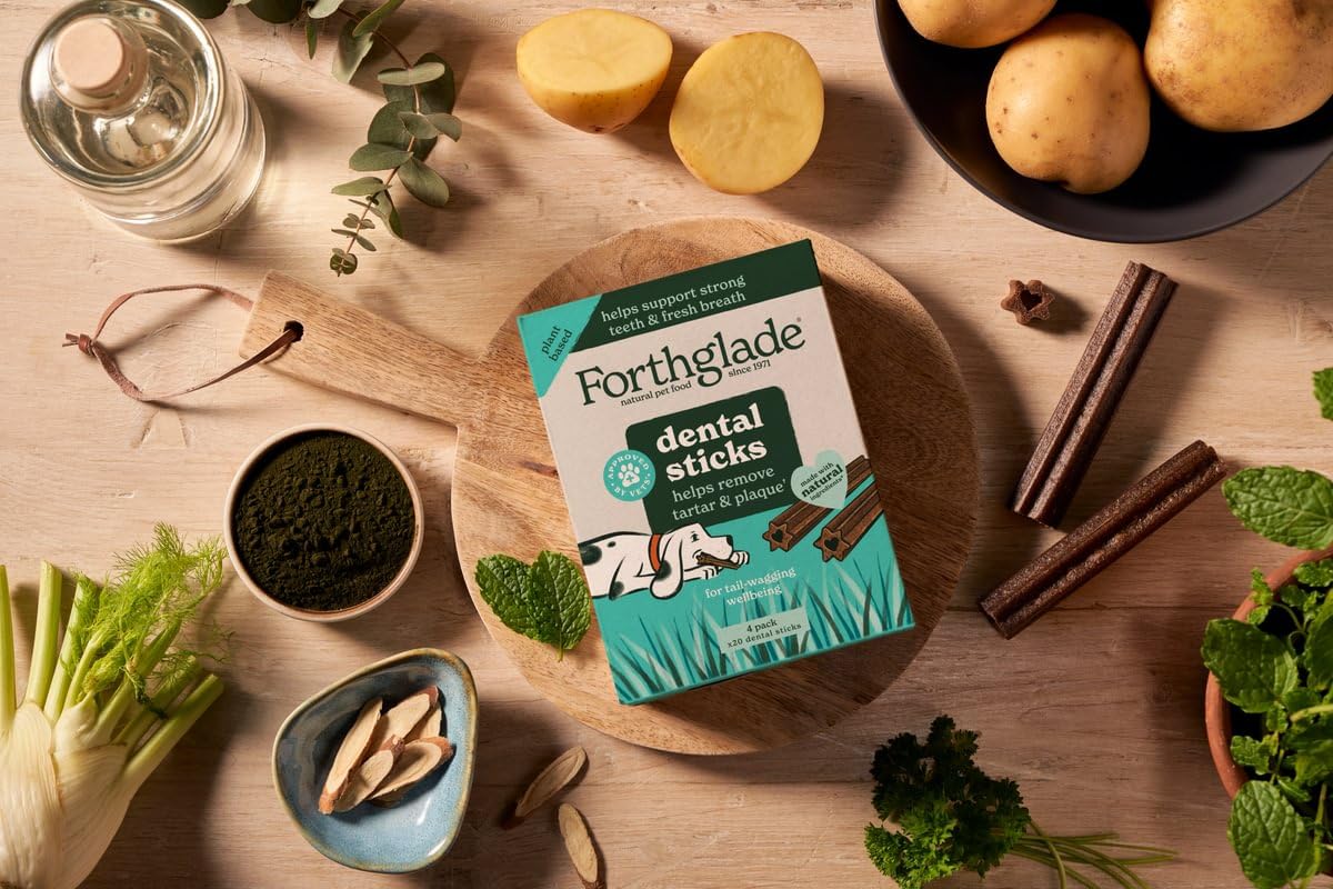 Forthglade Natural Dog Dental Sticks (20 Sticks) - Plant-Based & Grain Free Dog Treats, Dental Chews for Fresh Breath, Removes Plaque and Tartar, Resealable Bags