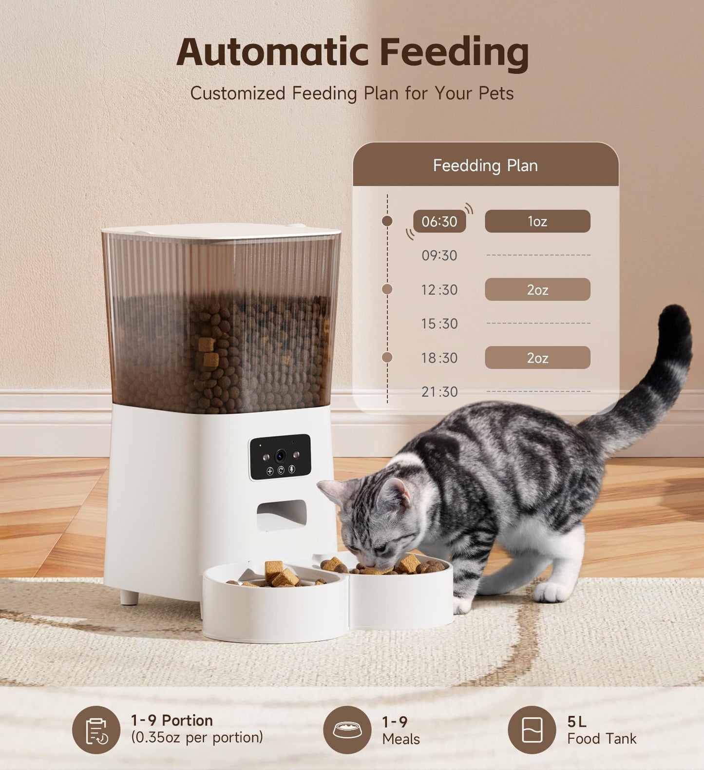 5L Cat Feeder Automatic with Timer, Automatic Cat Feeder, 1-9 Meals Per Day, Cats Food Dispenser with 2 Bowl, Auto Pet Feeder for 2 kittens and Small Dogs, Dual Power Supply     FREE DELIVERY