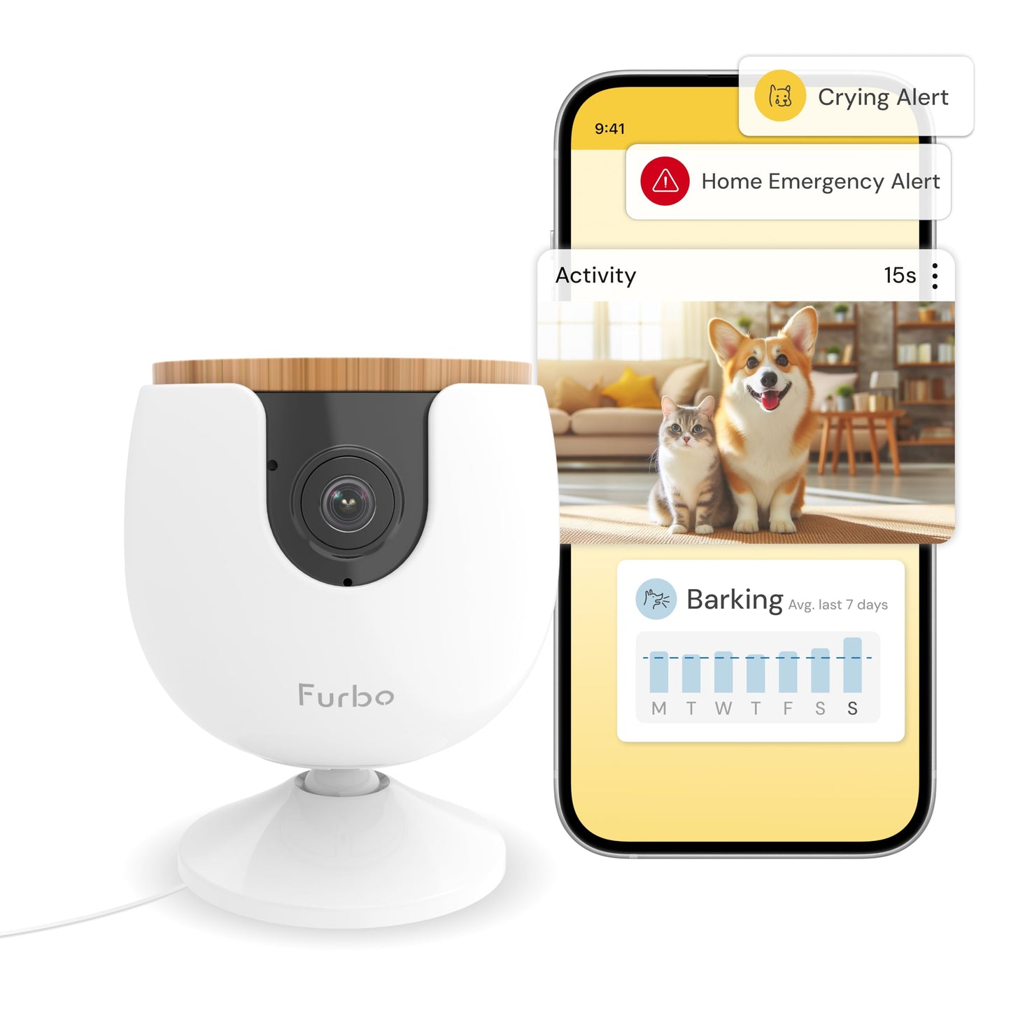Furbo 360° Dog Camera w/Home Safety Package [PREMIUM W/SUBSCRPITION] Smart Pet Monitor w/App for Dog & Home, Rotating 360° View, Colour Night Vision, Auto-Tracking, Treat-toss, Barking, Smart Alert