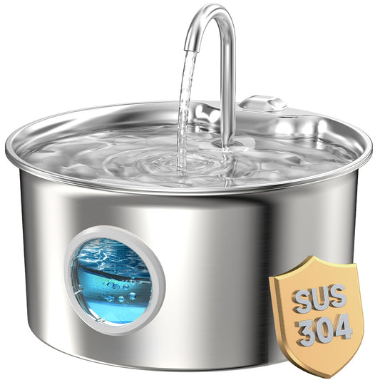 Cat Water Fountain for Drinking: Stainless Steel Cat Fountain - 2.6L Water Fountains Cats Bowl automatic - Silent Pet Water Fountain Indoor - Pet Drinking Fountain with Visible Water Level Window
