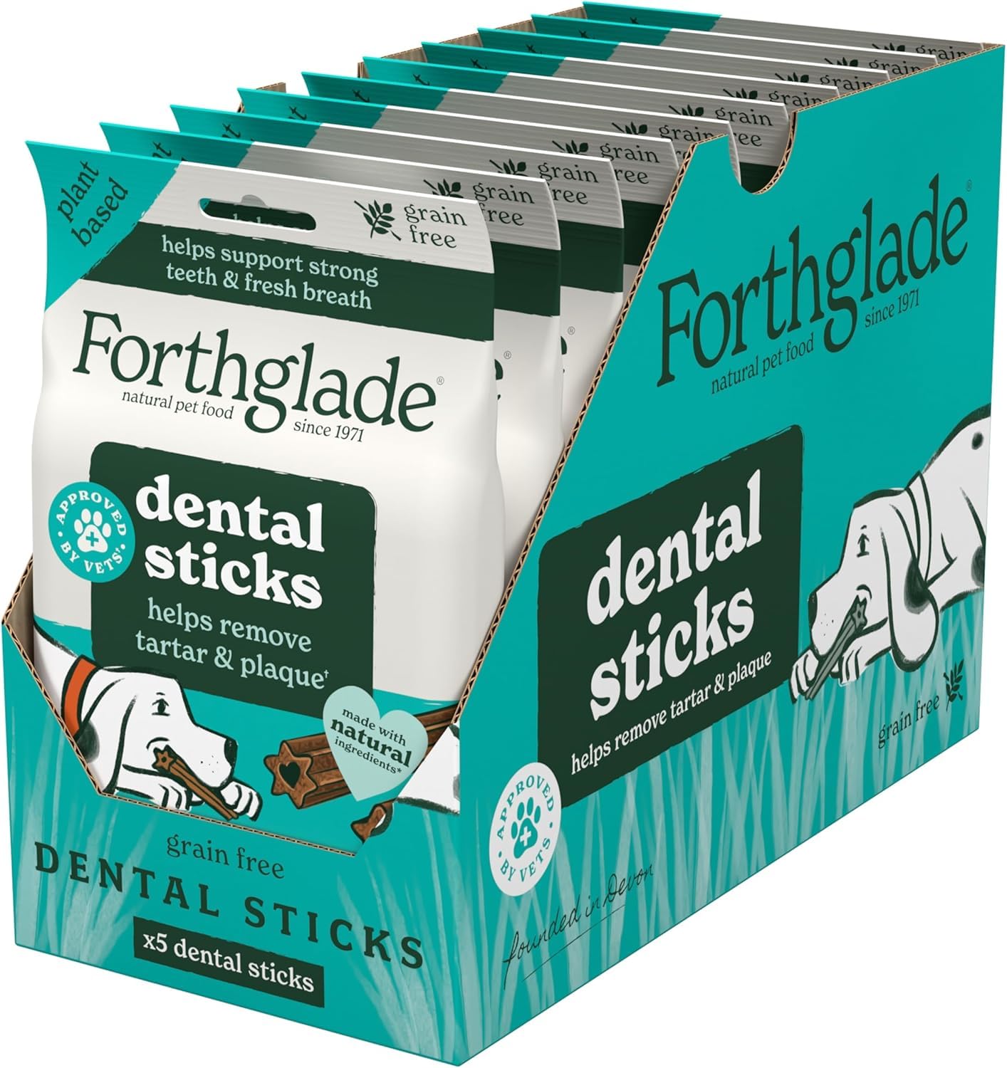 Forthglade Natural Dog Dental Sticks (20 Sticks) - Plant-Based & Grain Free Dog Treats, Dental Chews for Fresh Breath, Removes Plaque and Tartar, Resealable Bags
