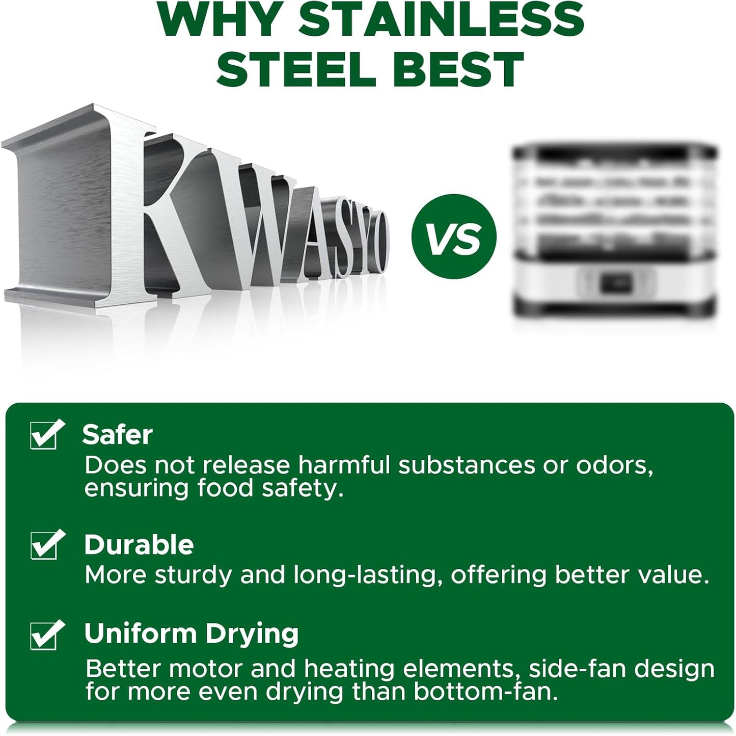 Kwasyo Stainless Steel Food Dehydrator, 6 Tray Fruit Dryer Machine with Free Recipe Book, BPA-Free, 30~90℃ Temperature Setting, Max 24h, Dehydrator Food Dryer UK for Vegetables, Meats, Chili-400W