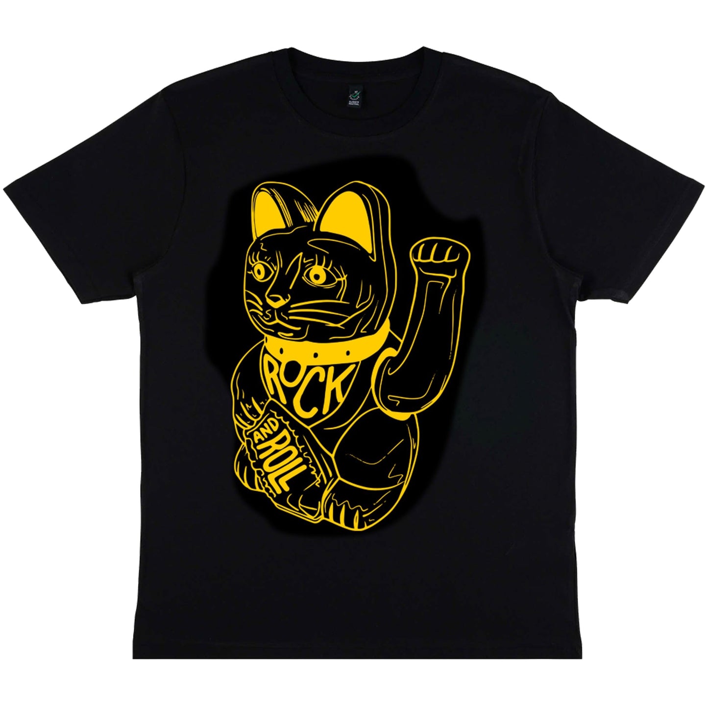 DB DEADBEAT Lucky Cat Rock and Roll Motif Screen Printed Eco-Friendly Unisex Black T-Shirt for Men, Women and Teens