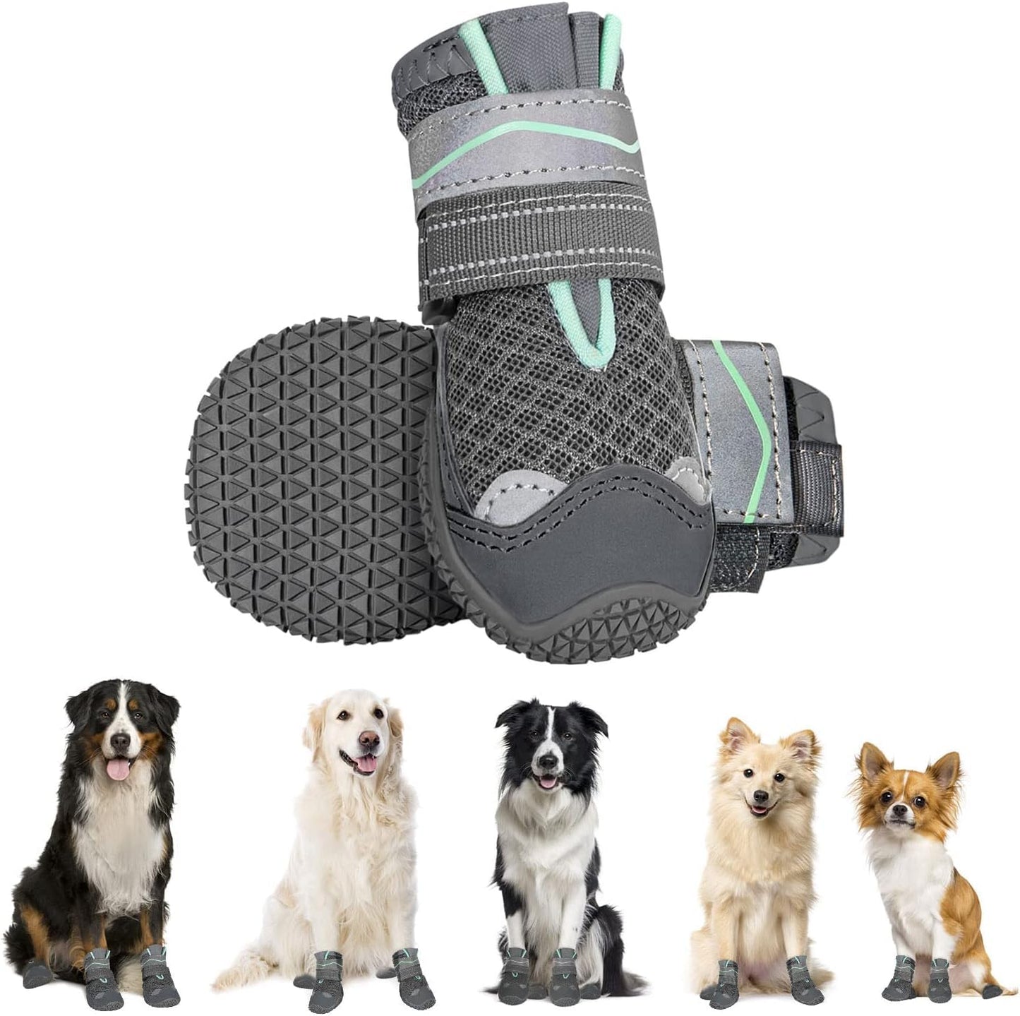 Eyein Dog Boots Paw Protector, Breathable Dog Boots for Injured Paws Waterproof, Dual Adjustable Washable Non-Slip Dog Shoes for Walking, Reflective Dog Shoes for Small Medium Large Dogs(2pcs)