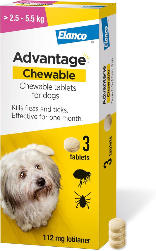 Advantage Chewable 112mg Chewable Tablets for Dogs >2.5-5.5kg (3 pack), Flea and Tick Treatment, Fast Acting Kills Fleas Within Hours, Prevention Lasts For A Month, Easy To Administer