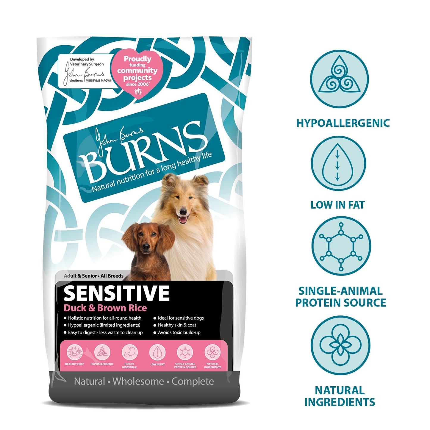 Burns Pet Nutrition Hypoallergenic Complete Dry Dog Food Adult and Senior Dog Sensitive with Duck and Brown Rice 2 kg