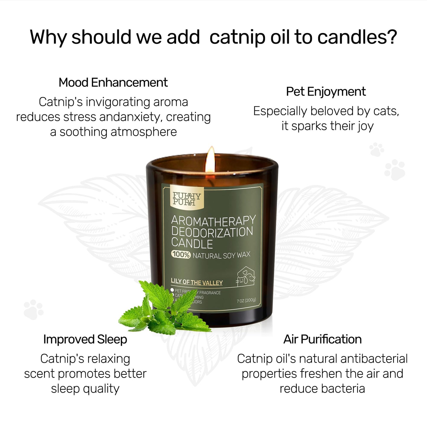 Furry Purr Pet Odor Eliminator Candle, Natural Soy Wax Candles with Catnip Essential Oil, Pet-Friendly Candles for Home Scented, Pet Lover Gifts, 60-Hour Burn Time, Lily of The Valley Fragrance, 7 oz